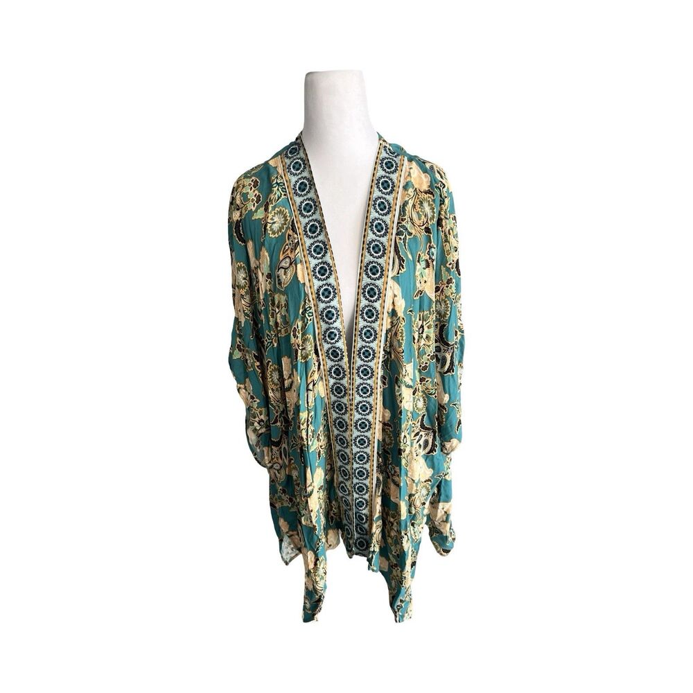 Knox Rose Boho Floral Paisley Kimono Cardigan Teal Green Open Front OS